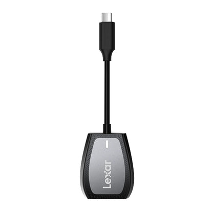 USB-C dual-slot SD and microSD card reader adapter, black with Lexar logo