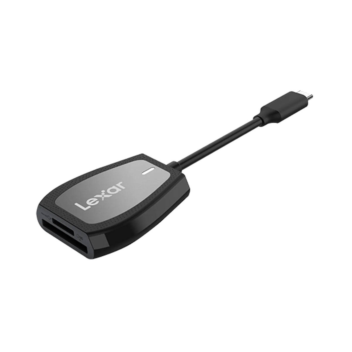USB-C card reader adapter with dual card slots, black body and Lexar label