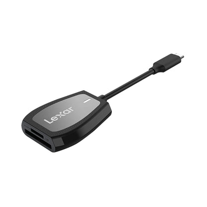 USB-C card reader adapter with dual card slots, black body and Lexar label