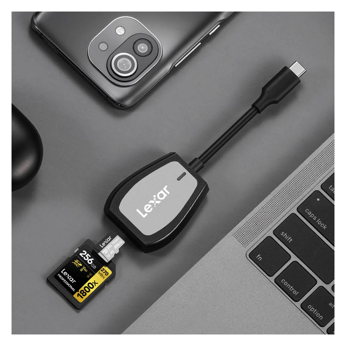 USB-C SD and microSD card reader with memory cards inserted, black Lexar branding