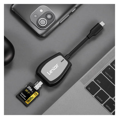 USB-C SD and microSD card reader with memory cards inserted, black Lexar branding