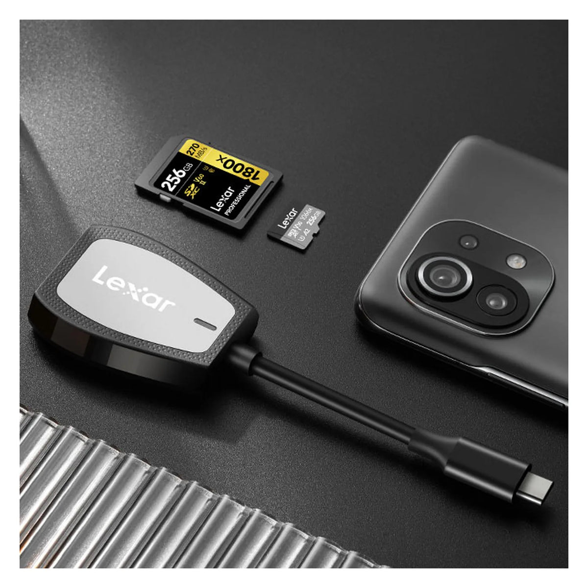 USB-C card reader with SD and microSD cards shown, black case with Lexar logo