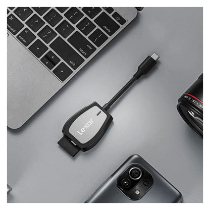 USB-C card reader connected by cable, black Lexar reader with dual slots