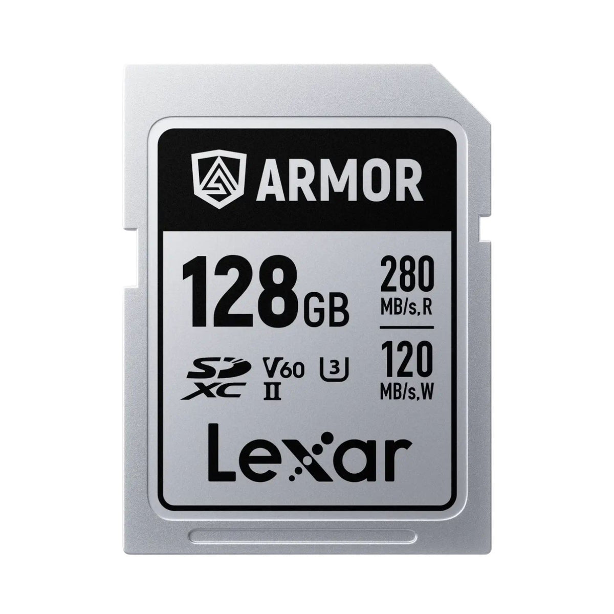 Lexar ARMOR SDXC UHS-II memory card, 128GB, silver-gray with ARMOR logo