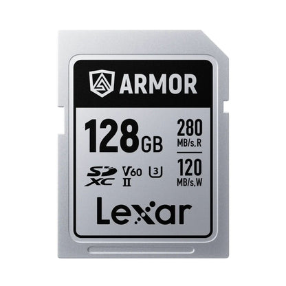 Lexar ARMOR SDXC UHS-II memory card, 128GB, silver-gray with ARMOR logo