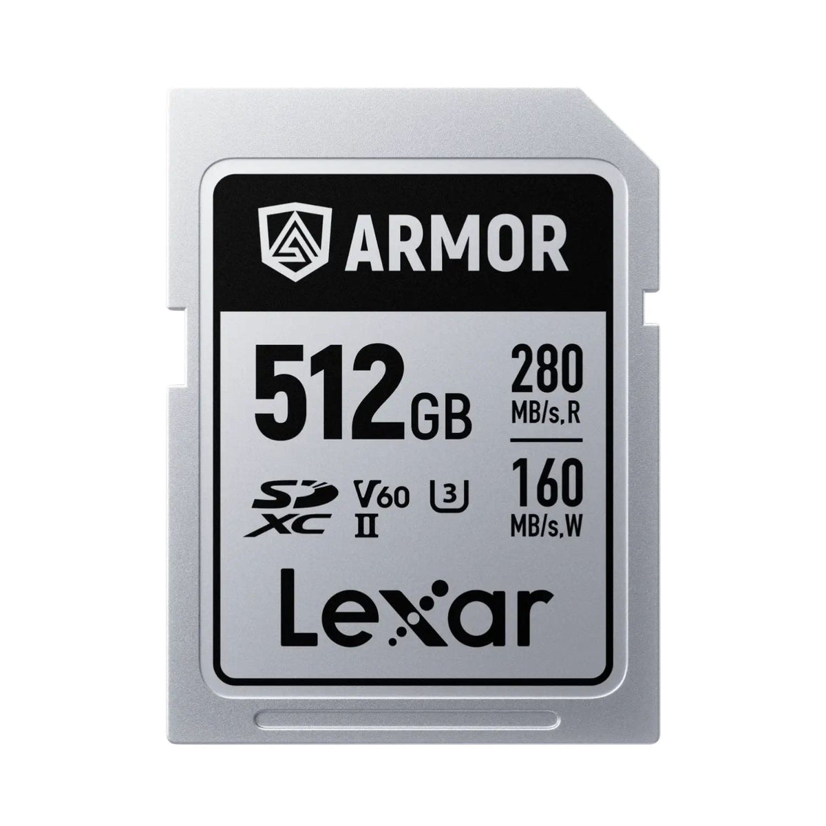 Lexar ARMOR SDXC UHS-II memory card, 512GB, silver-gray with ARMOR logo