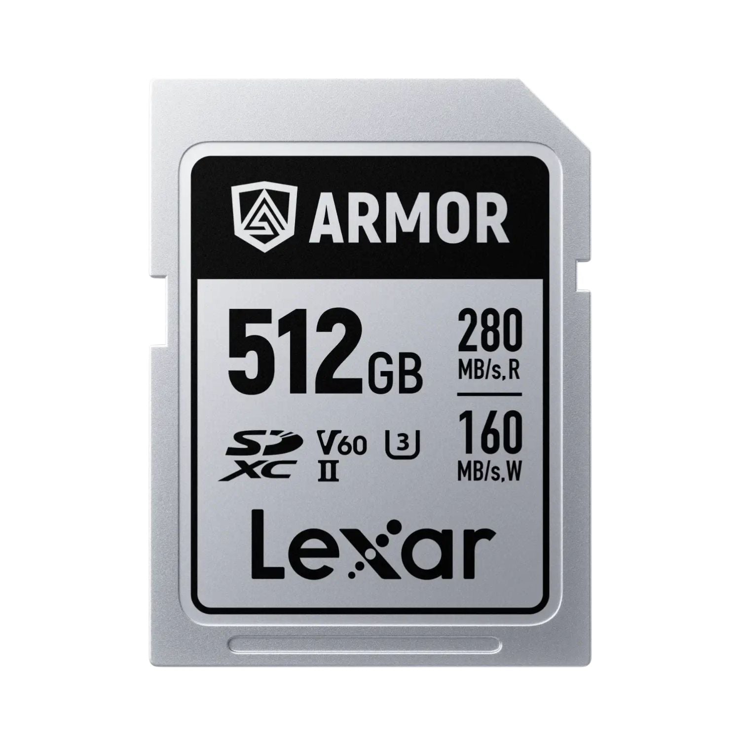 Lexar ARMOR SDXC UHS-II memory card, 512GB, silver-gray with ARMOR logo
