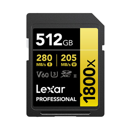 Lexar Professional 1800x SDXC UHS-II memory card, 512GB, black with yellow 1800x label