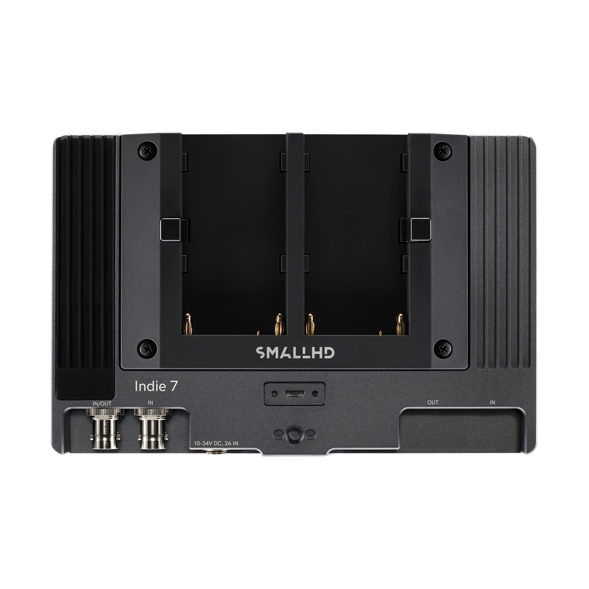 SmallHD Indie 7 rear with L-Series battery bracket and SDI connectors