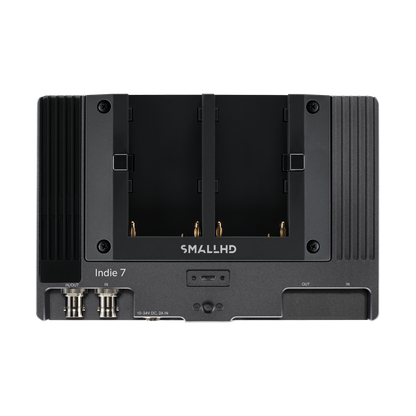 SmallHD Indie 7 rear with L-Series battery bracket and SDI connectors