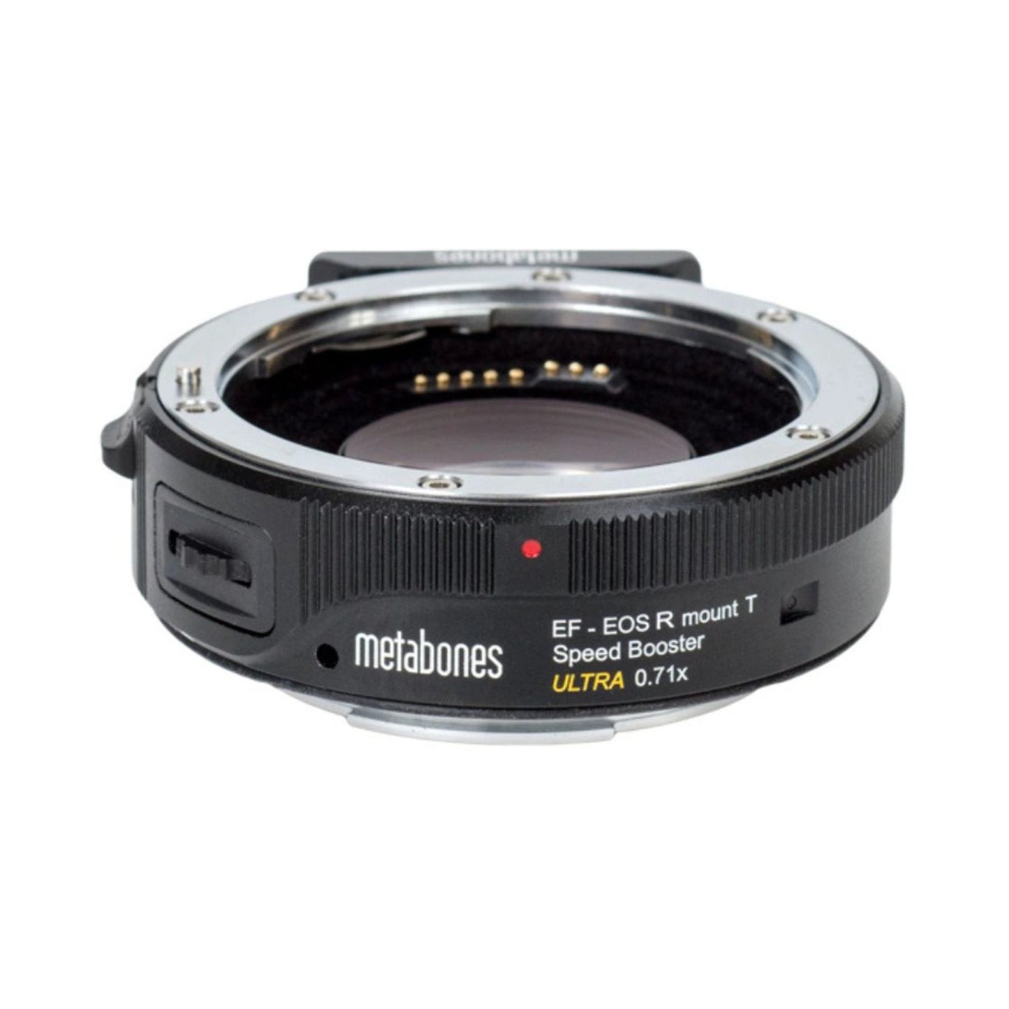 Metabones Speed Booster ULTRA 0.71x, Oberseite mit Aufdruck EF–EOS R und Kontakten