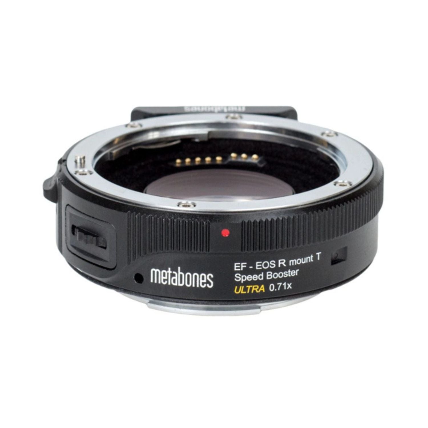 Metabones Speed Booster ULTRA 0.71x, Oberseite mit Aufdruck EF–EOS R und Kontakten
