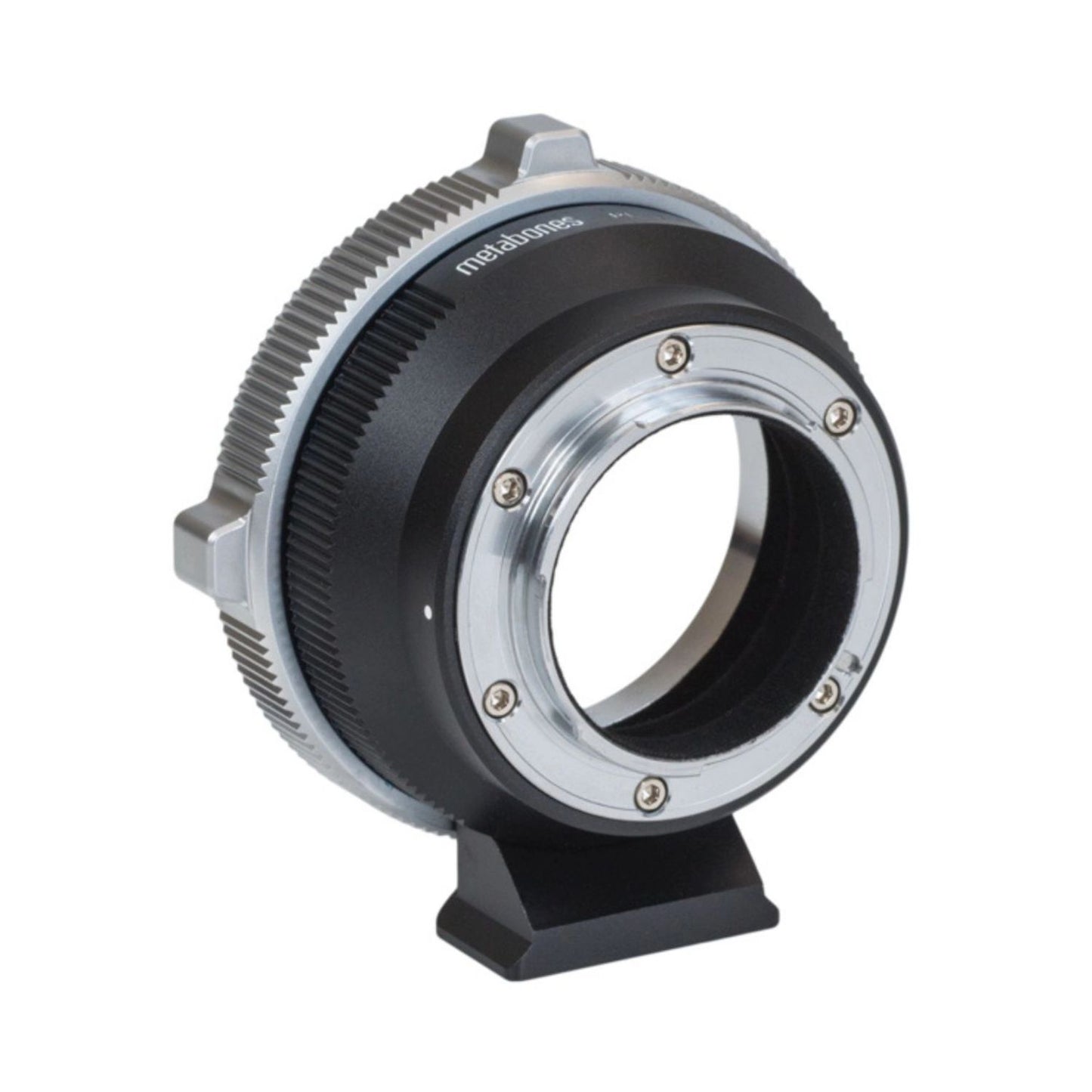 PL-zu-E-Mount Adapter, Frontansicht mit Bajonettbuchse und Befestigungsschrauben