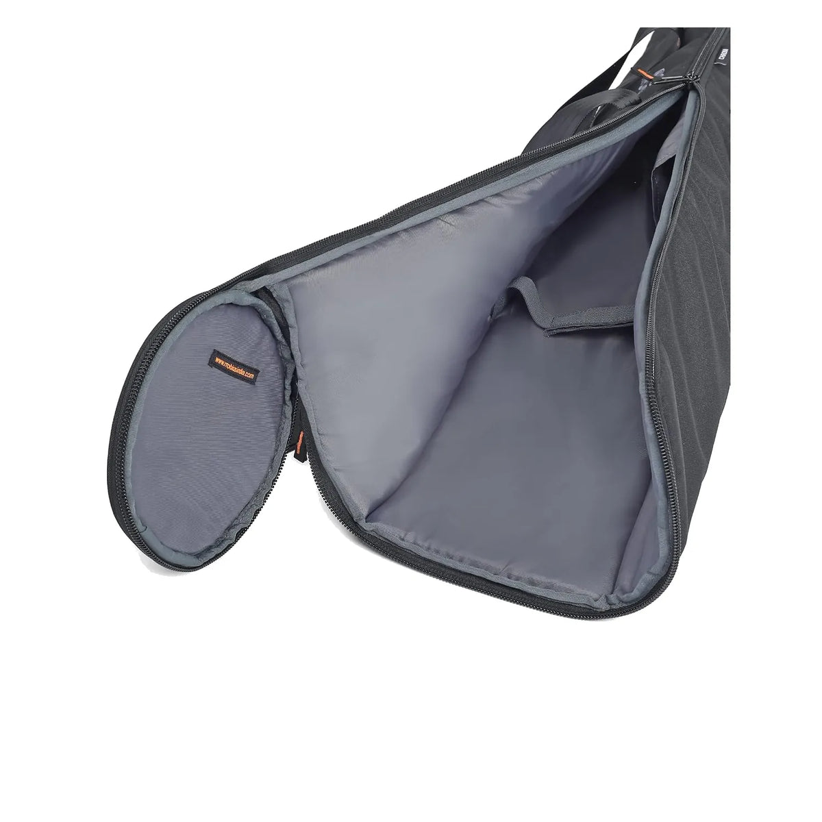 Light stand bag interior with gray padded compartments and zippered end pocket