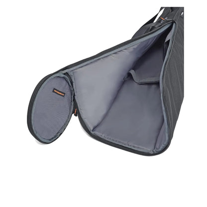 Light stand bag interior with gray padded compartments and zippered end pocket