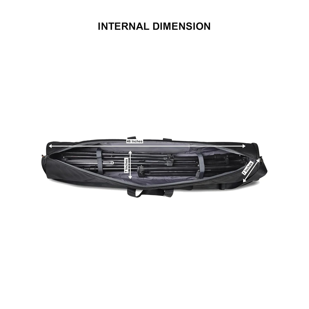 Black light stand bag laid open, showing interior storage and adjustable internal frame