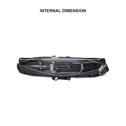 Black light stand bag laid open, showing interior storage and adjustable internal frame