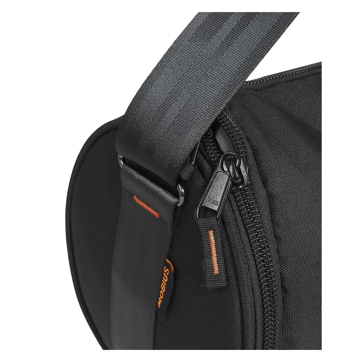 Close-up of black bag end pocket with zipper pull and orange logo trim