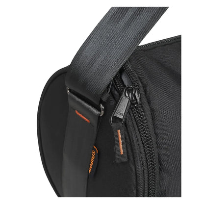Close-up of black bag end pocket with zipper pull and orange logo trim