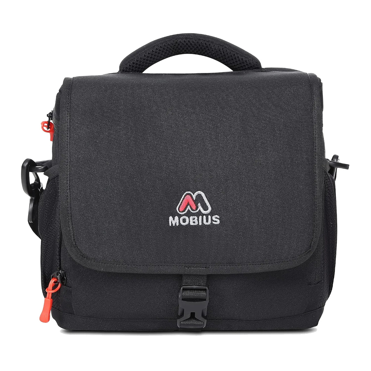 Mobius DSLR sling bag, dark gray front flap with logo and orange zipper pull