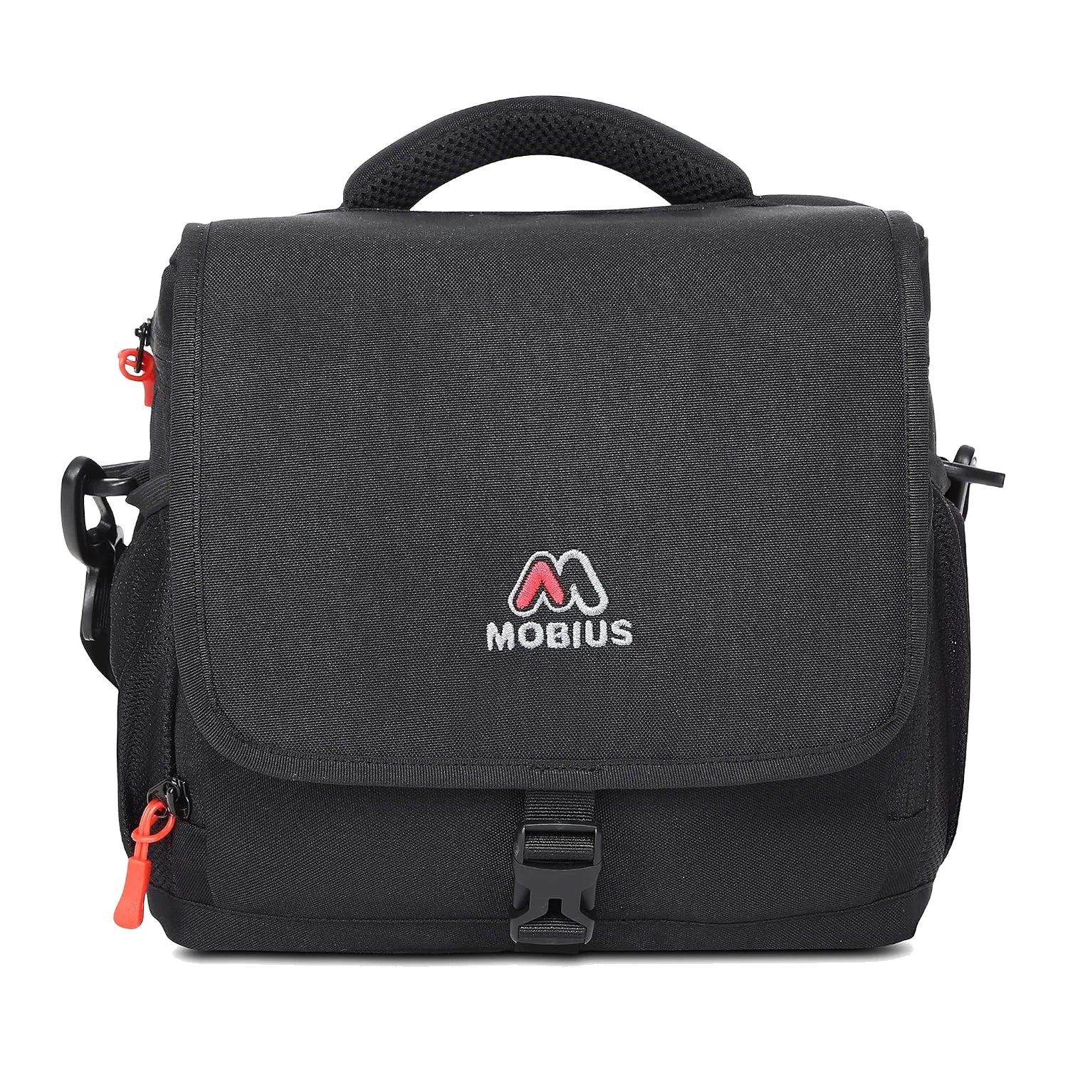 Mobius DSLR sling bag, dark gray front flap with logo and orange zipper pull