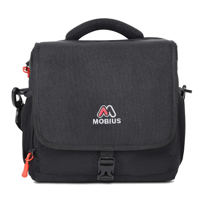 Mobius DSLR sling bag, dark gray front flap with logo and orange zipper pull