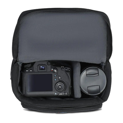 Mobius DSLR sling bag open, padded interior holding a camera and lens