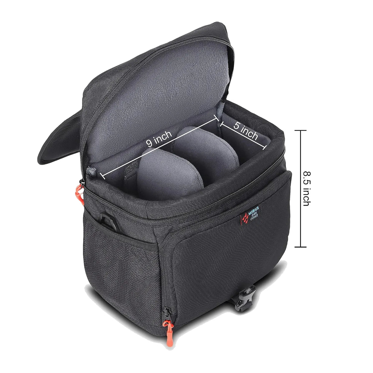 Mobius DSLR sling bag side view with labeled dimensions (9 in, 5 in, 8.5 in)