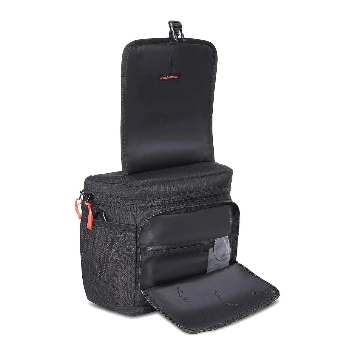 Mobius DSLR sling bag with rain cover extended open and front pocket