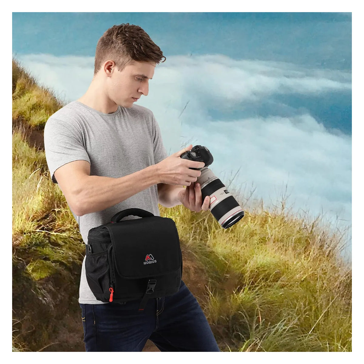 Mobius DSLR sling bag worn crossbody by person, camera accessible top flap