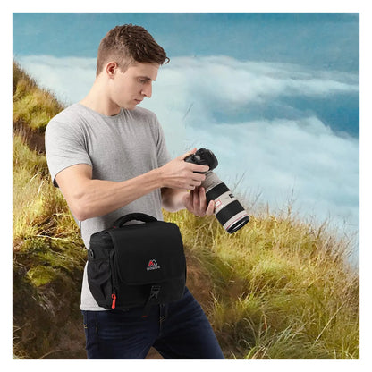 Mobius DSLR sling bag worn crossbody by person, camera accessible top flap
