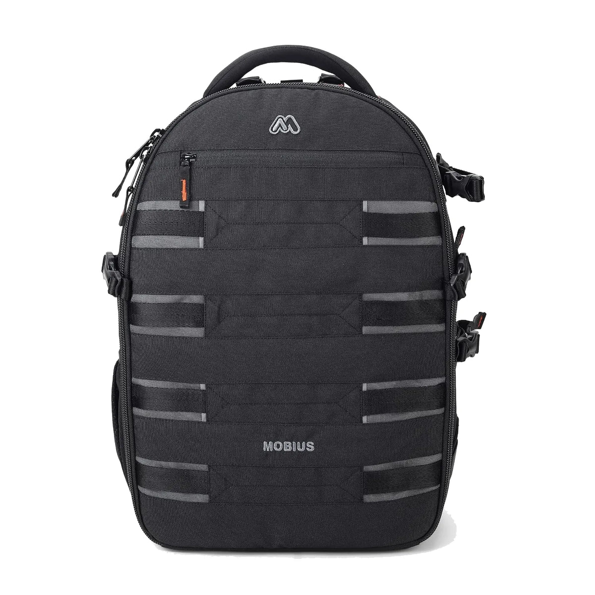 Black DSLR camera backpack with front padded organizer and side strap loops