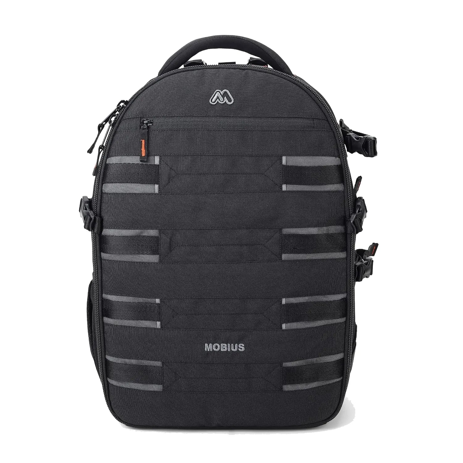 Black DSLR camera backpack with front padded organizer and side strap loops