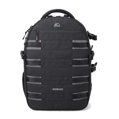Black DSLR camera backpack with front padded organizer and side strap loops