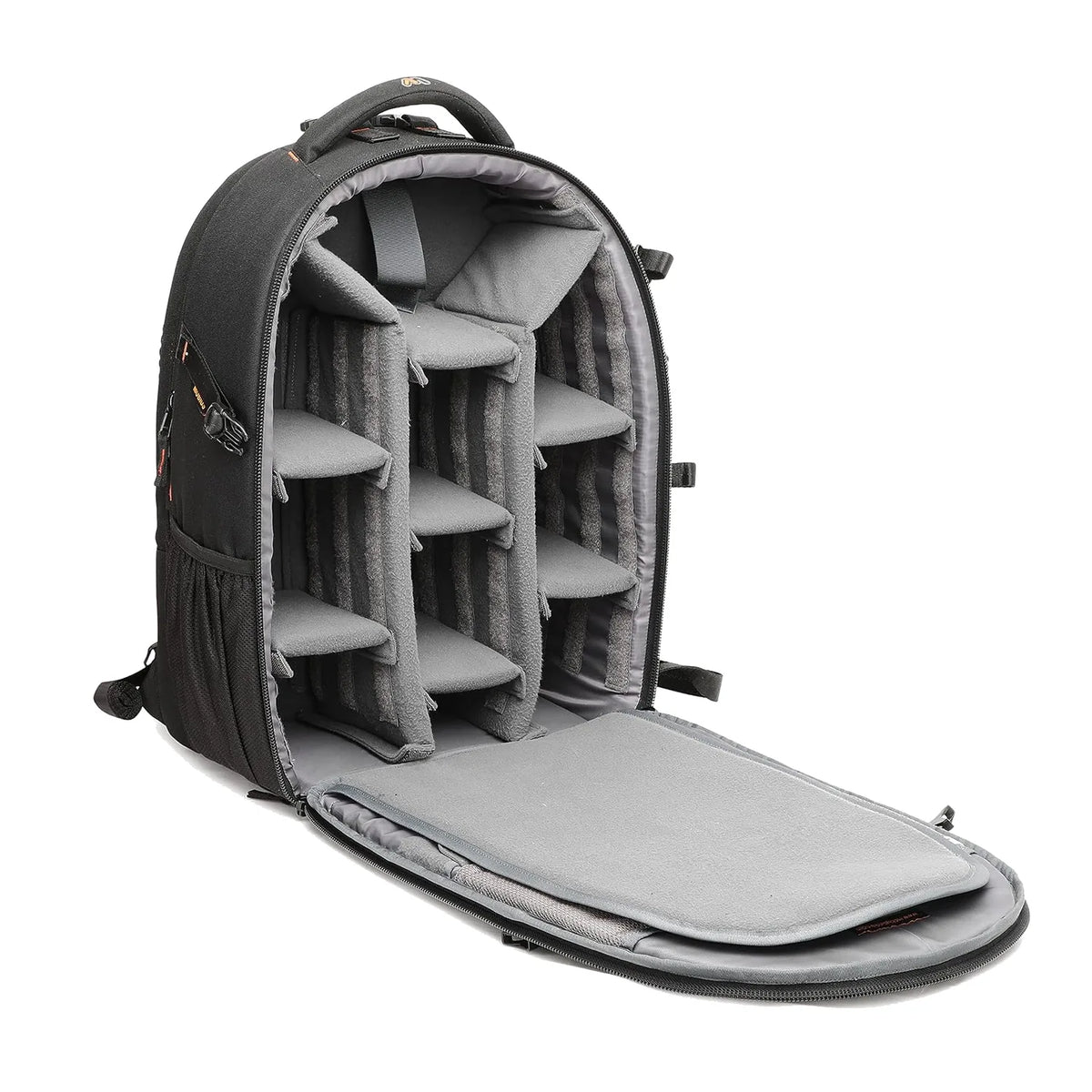 Black camera backpack opened to show padded foam compartments for gear
