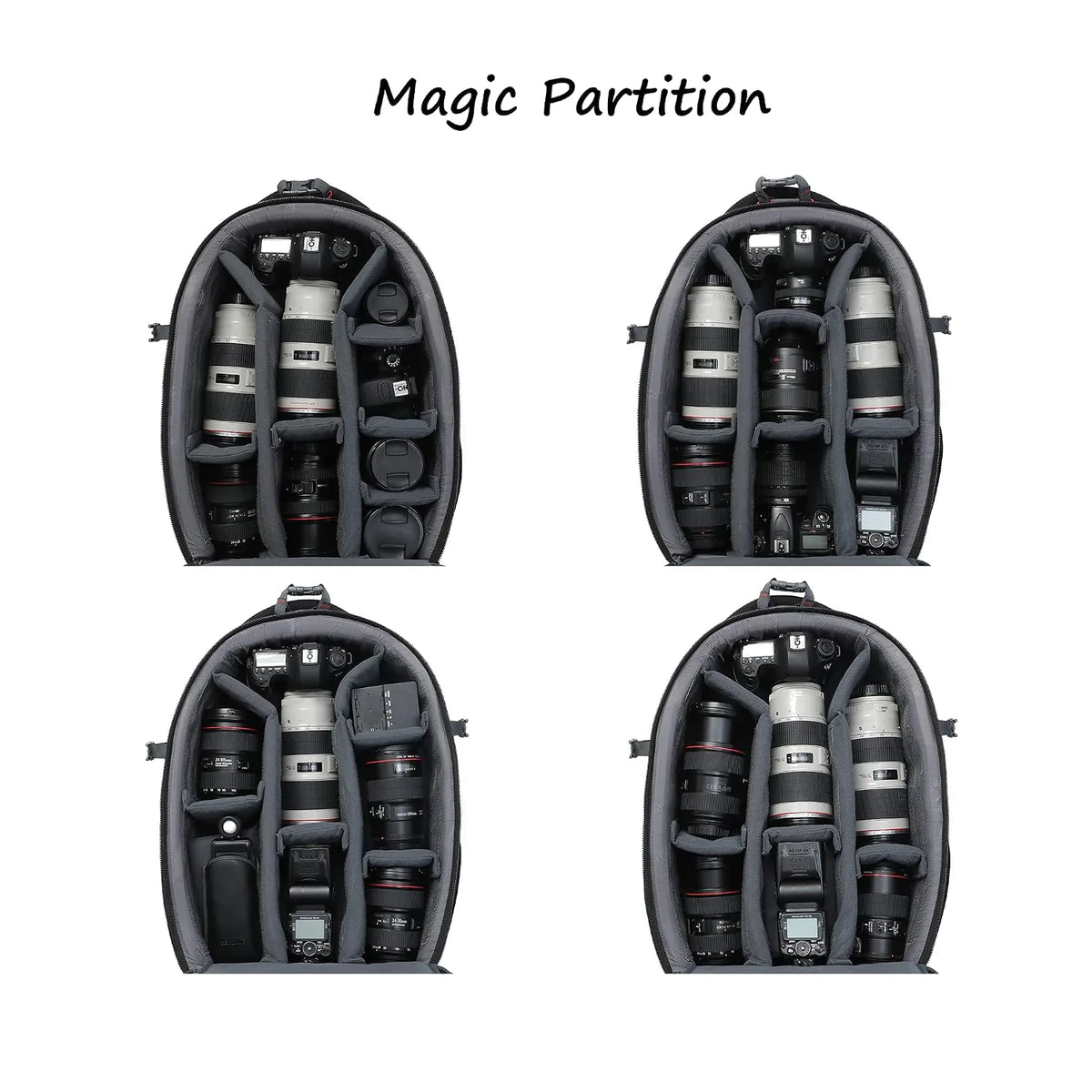 Camera backpack with adjustable foam partitions for multiple lenses and camera bodies