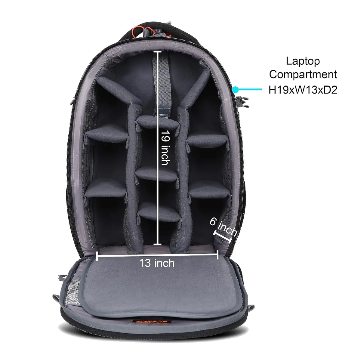 Camera backpack with open laptop compartment sized for 13-inch device (H19xW13xD2)