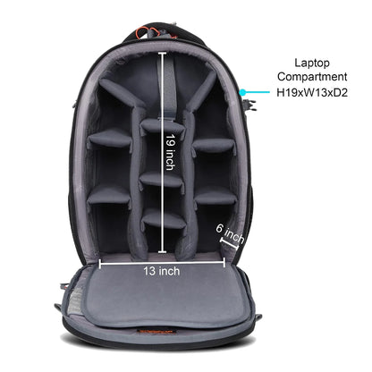 Camera backpack with open laptop compartment sized for 13-inch device (H19xW13xD2)