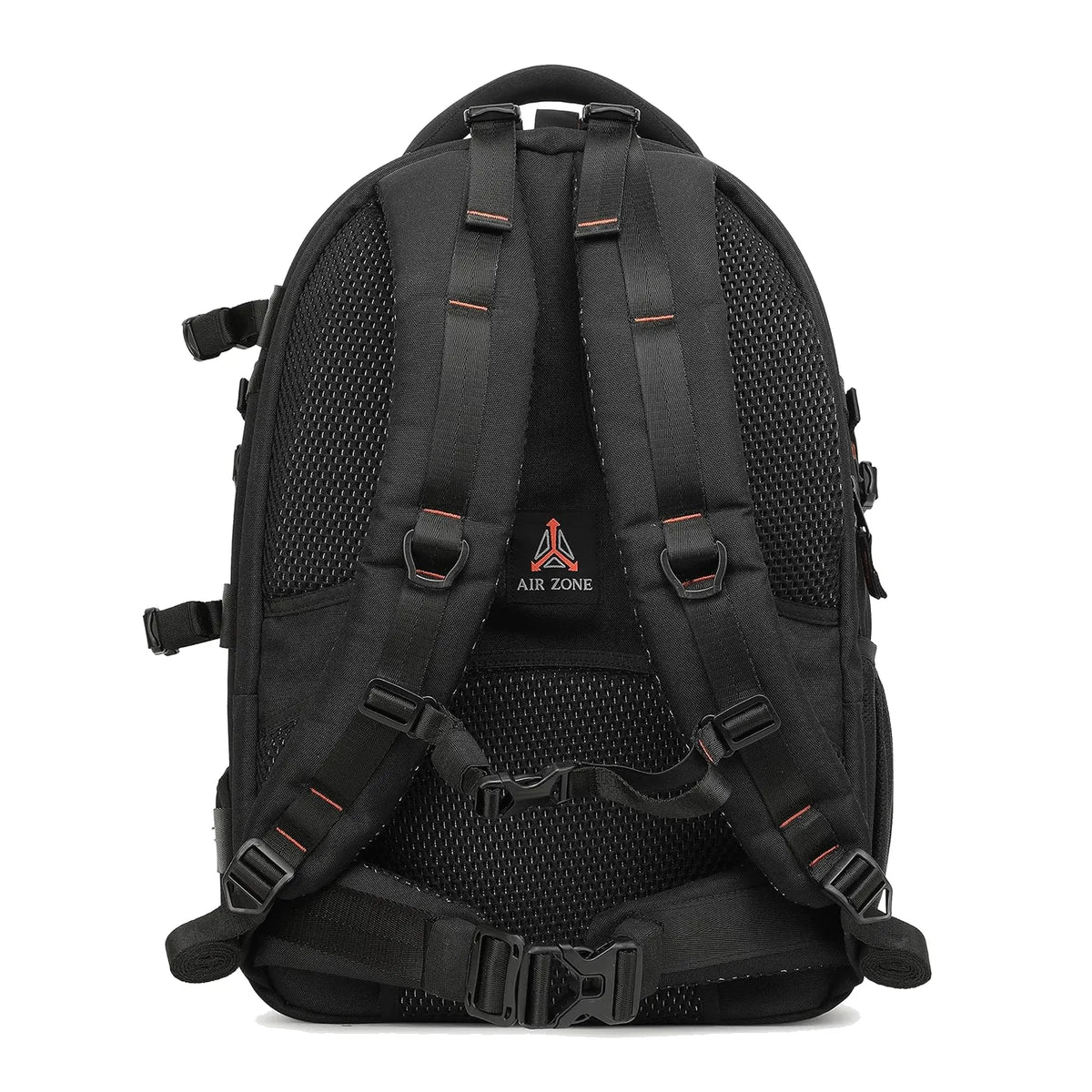 Black camera backpack back panel with padded shoulder straps and airflow mesh