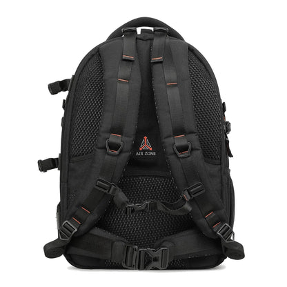 Black camera backpack back panel with padded shoulder straps and airflow mesh