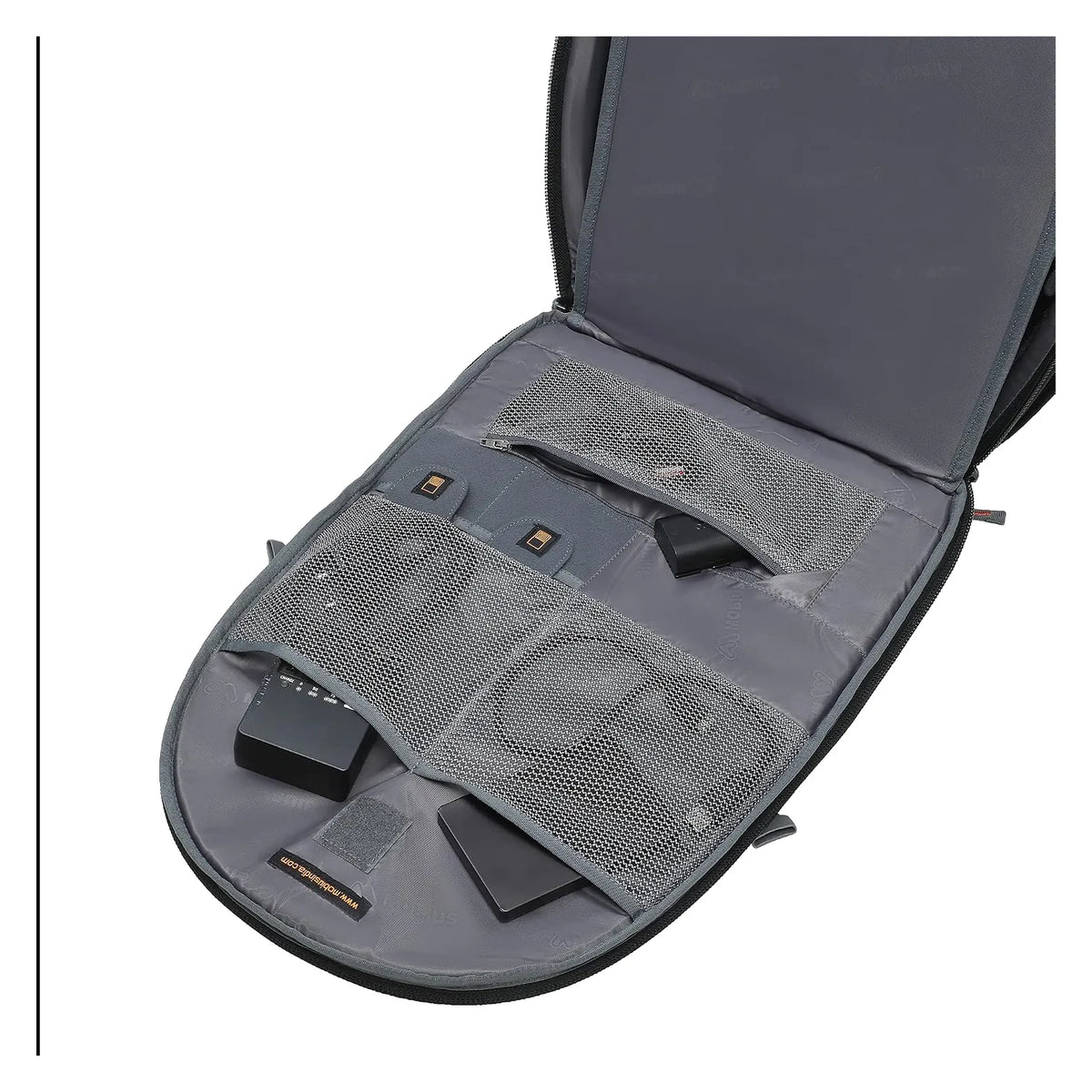 Camera backpack fold-out organizer panel with mesh pocket and small accessory slots