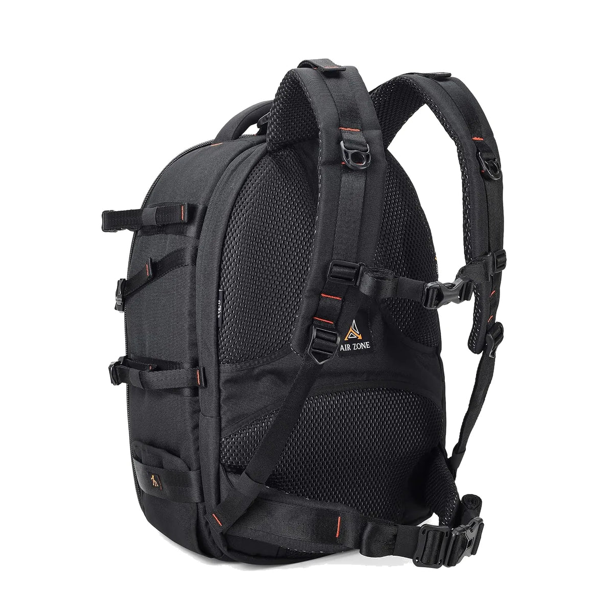 Black camera backpack side view with ventilated mesh panel and adjustable shoulder straps