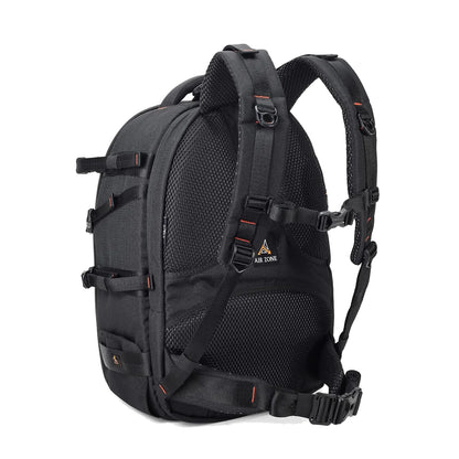 Black camera backpack side view with ventilated mesh panel and adjustable shoulder straps