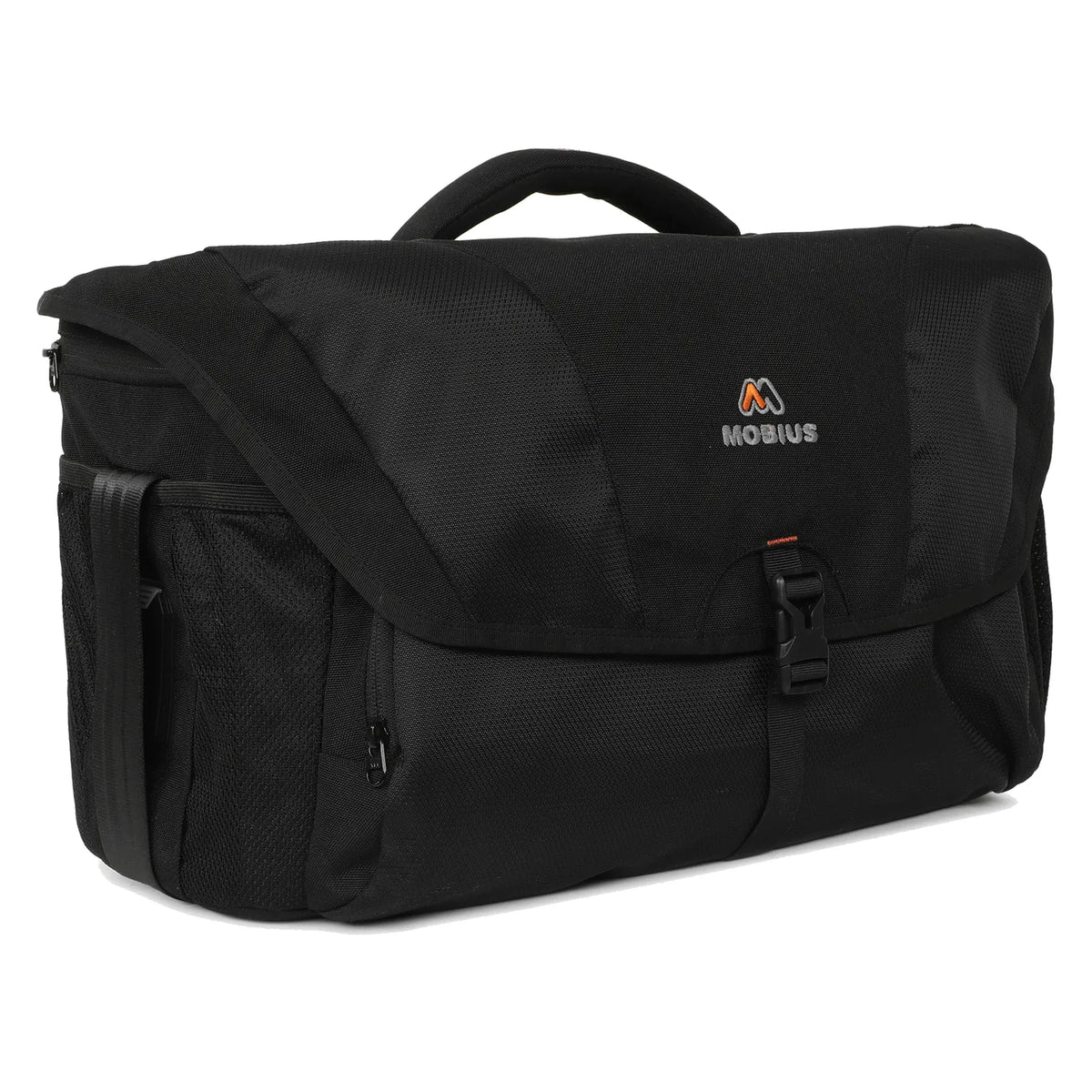 Black DSLR sling bag with front flap, buckle strap, and Mobius logo