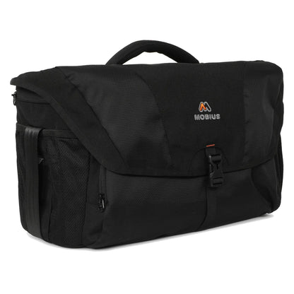 Black DSLR sling bag with front flap, buckle strap, and Mobius logo