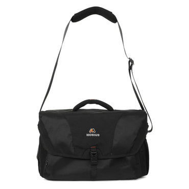 Black DSLR sling bag with adjustable shoulder strap and front flap buckle