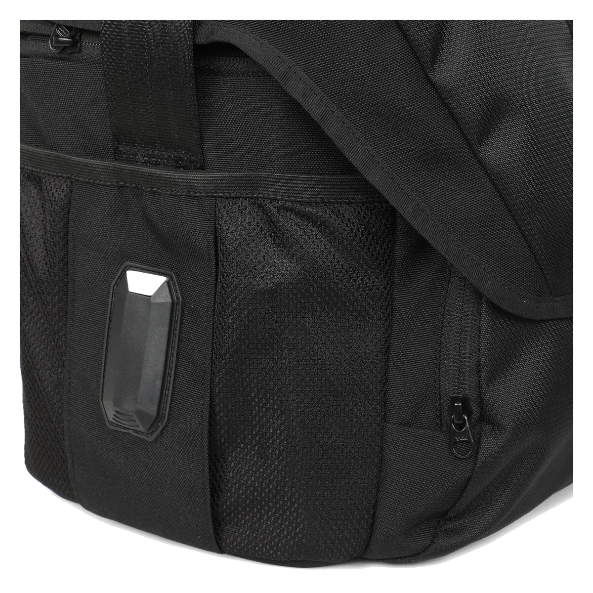 Black DSLR sling bag side pocket with zipper and elastic webbing detail