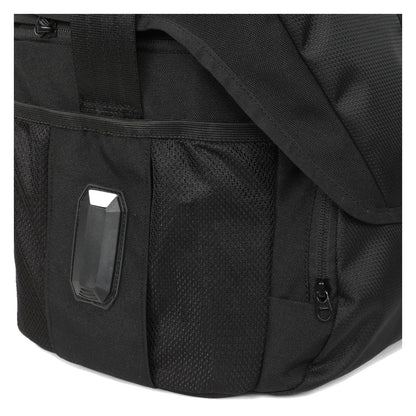 Black DSLR sling bag side pocket with zipper and elastic webbing detail