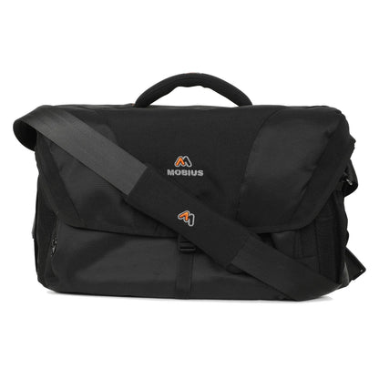 Black DSLR sling bag with angled front flap, crossbody strap, and Mobius logo