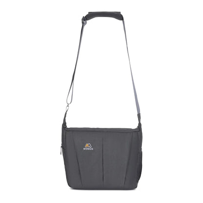 Dark gray sling bag with adjustable strap and front zip pocket for a tablet